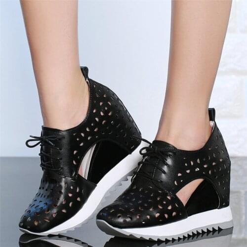 Lace Up Platform Pumps Shoes Women Genuine Leather Wedges High Heel Ankle Boots Female Round Toe Fashion Sneakers Casual Shoes