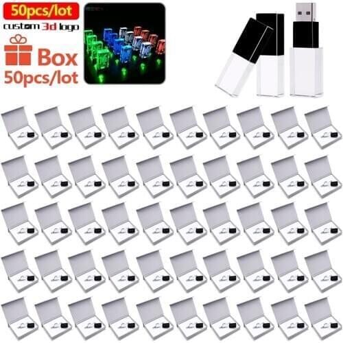 50pcs/lot LED Crystal usb sticks free logo USB 2.0 4GB 8GB 16GB 32GB 64GB 128GB usb flash drive transparent glass gifts pendrive