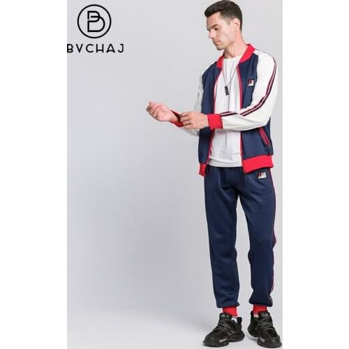 Spring Fall Mens Sports Suit Full Zip Splice Contrast Jacket+Jogging Fitness Stretch Trousers Fashion Sportswear Mens Clothing