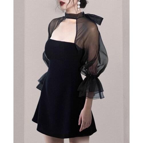 Spring 2021 New Fashion Small Black Skirt Temperament Design Sense Mesh Stitching Waist Sexy Dress