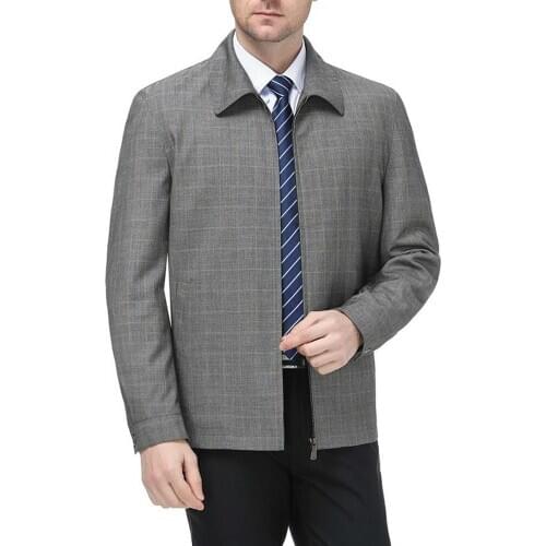 2020 Spring Autumn New High Quality Gray Plaid Zipper Jacket Coat Mens Jackets Lapel Business Casual Big Size 4XL