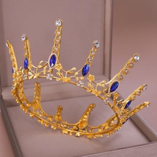 Vintage Rhinestone Blue Crystal Round Gold Crown Wedding Taira for Bridal Dress Head Jewelry Wedding Hair Accessories Headdress