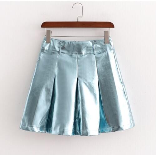 Evfer Women Stylish Metal Reflective Za Blue Mini Skirts Ladies Fashion Streetwear A-line Short Skirts Female High Waist Skirt