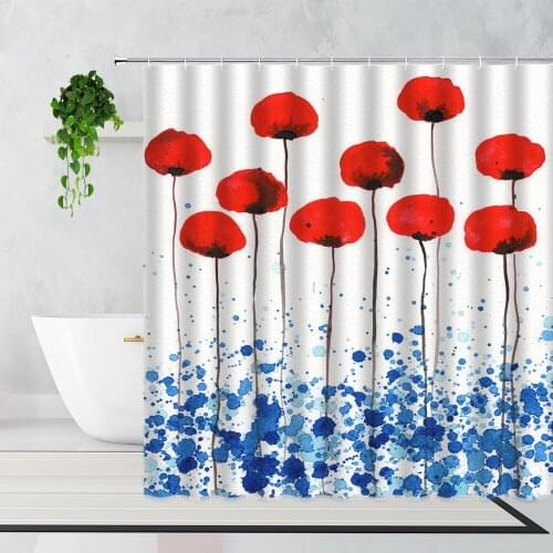 Red Poppy Flowers Shower Curtain Watercolor Plant Floral Simple Bathroom Curtains Waterproof Bathtub Screen Washable Polyester
