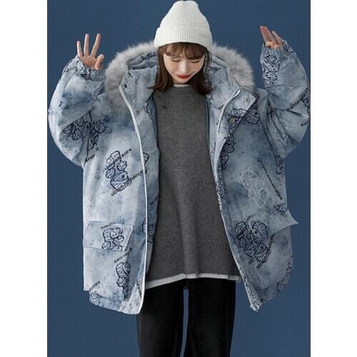 Womens Long Jackets Printed Cotton Jacket Winter Warm Down Cotton Jacket Hooded Fur Collar Casual Parka Overcoat Abrigo Mujer