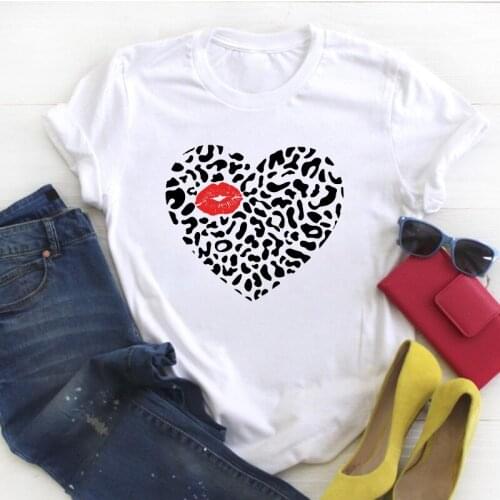 Women Love Lip Leopard Cartoon Cute Valentine Print Summer Female Tshirt Womens T Tee Ladies Top Shirt Clothes Graphic T-shirt