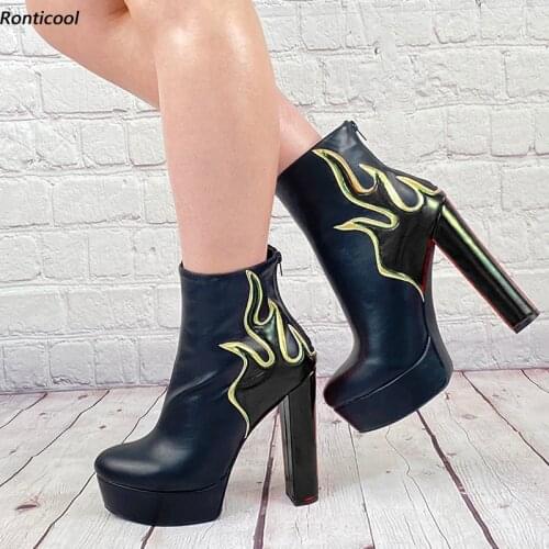 Ronticool Handmade Women Winter Platform Ankle Boots Back Zipper Block Heel Round Toe 6 Colors Party Shoes Plus US Size 35-52