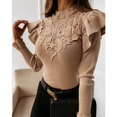 Women Autumn Solid Lace Patchwork Blouse Shirt Office Ladies Long Butterfly Sleeve Pullover Tops Casual O Neck Female Slim Blusa
