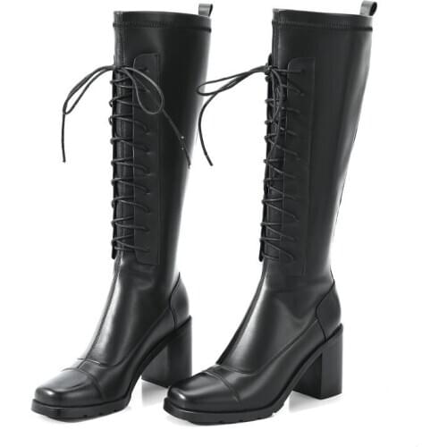 Fashion Top Quality Genuine Leather Knee High Boots Sexy Platform Chunky Heels Pumps Classic Working Basic Shoes Woman
