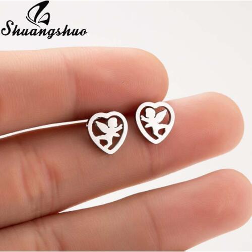 Shuangshuo Heart Shape Stud Earrings For Women Earings Stainless Steel Angle Baby Ear Jewelry orecchini pendientes mujer