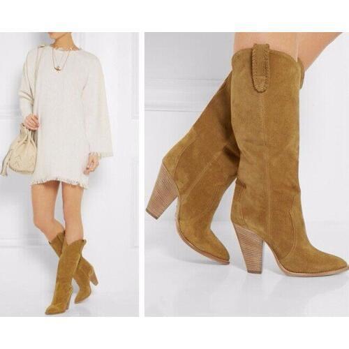 Winter New beautiful Booties Women Motorcycle Boots Suede Knee High Boots Spike Heels Boots Dress Botas Shoes Mujer Size 41 42