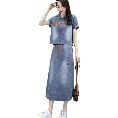 2021 New Women Dress Set Plus Size Summer Short Sleeve Hooded Pullover Coat Two-Piece Denim Skirt Womens Cowboy Dresses Suit 3XL
