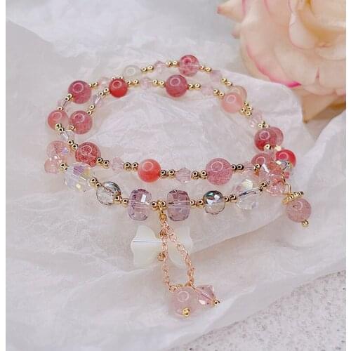 Korean 2 Circles Natural Shell Bowknot Pendant Pink Strawberry Crystal Agate Beaded Bracelets for Women Girl Fine Jewelry YBR573