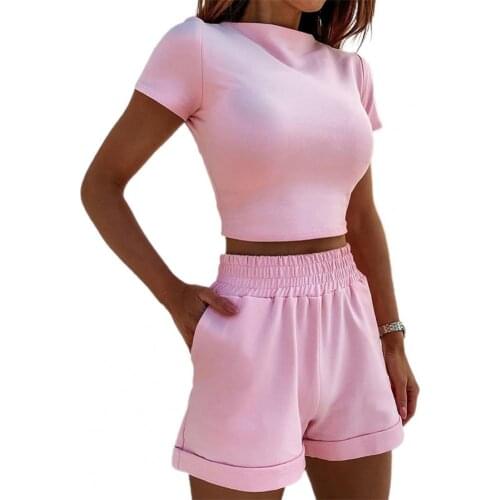 Women Tracksuits Outfits Short Sleeve All-match Slim Round Neck Pockets Top Shorts Suit Set for Daily Life