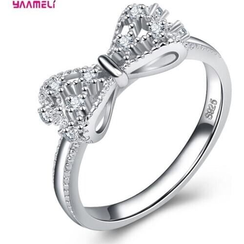 Korean Sweet Sparkling Bowknot Stackable Ring Micro Pave 925 Sterling Silver Women Christmas Day Gift White Topaz Jewelry