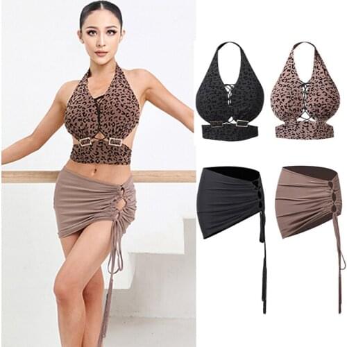Latin Dance Practice Clothes Women Halter Neck Leopard Tops Latin Dance Skirts Rumba Samba Performance Sexy Latin Dress DNV14851