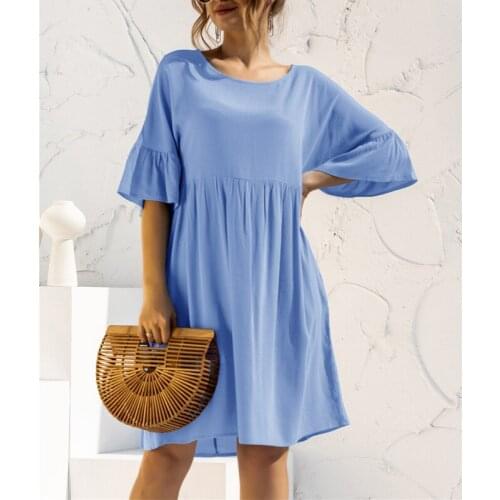 2021 Spring Summer New Solid Dress Women Ruffle Round Neck Short Sleeve Pockets Casual Loose Basic Dresses Vestidos Beach Dress
