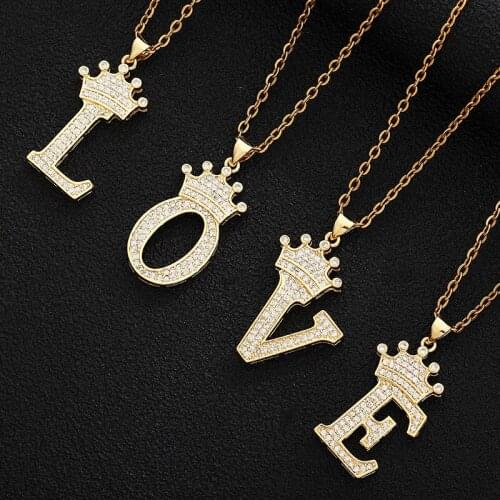 A-Z 26 Letters Crown Alphabet Pendant Necklaces Gold Color Hip-Hop Style Women Man Initial Name Fashion Jewelry