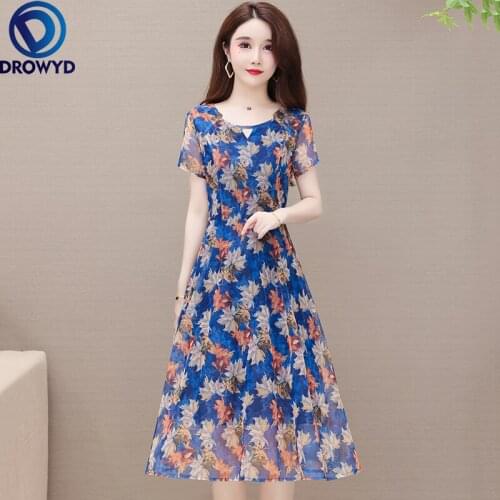 Women Summer Dress Fashion Printed Chiffon Beach Dress Female Short-sleeved V-neck Korean Loose Blue Midi Dresses Party Vestidos