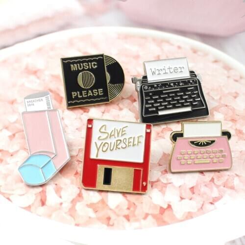 26 Letter Write Printer Memory Card Music CD Box USB Storage Strip Fashion Custom Enamel Jewelry Brooch Shirt Lapel Pin Gift