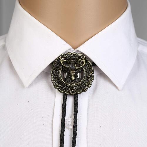 3D Copper deer head bolo tie for man Indian cowboy western cowgirl leather rope zinc alloy necktie