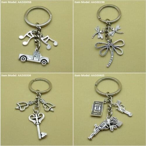 Keychain Keyring Car Truck Note Musical Music Dragonfly Key Skeleton Cross Arrow Heart Love Pistol Gun Revolver Dollar US