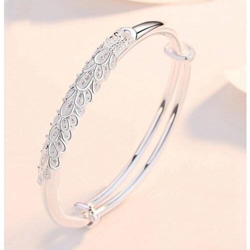 Fashion Silver Bracelet Retro Ethnic Exquisitely Carved Peacock Feather Pattern Opening Adjustable Bracelet Unisex Gift