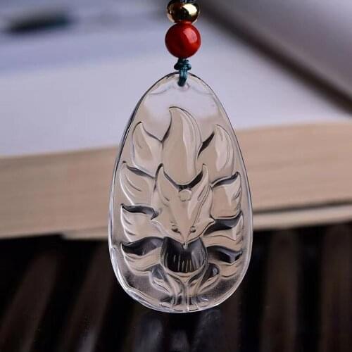 White Natural Crystal Pendants Hand Carved Nine Tails Fox Pendant Sweater Chain Necklace Lucky for Women Men Fashion Jewelry