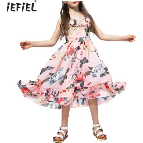 Kids Girls Chiffon Princess Dress Summer Sleeveless Straps Long Dress Girls Flower Print Casual Beach Dress Children Clothing