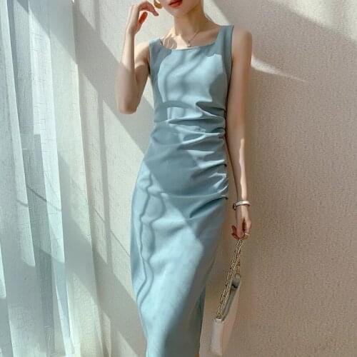 Design sense niche French blue sleeveless dress female Nice summer new folds temperament was thin mid-length dress