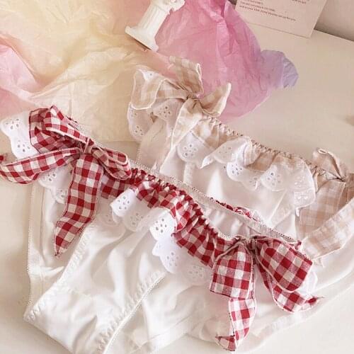 Wriufred Sweet plaid cute bow low waist bag hip briefs girl student underwear women comfortable cotton sexy lace underpants