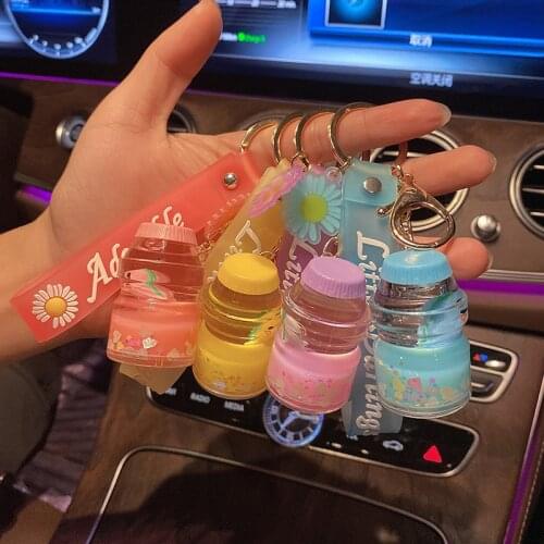 Creative Acrylic Drink Bottle Keyring Small Dinosaur Doll Liquid Floating Keychains Cute Bag Car Pendant Keychain Ornament
