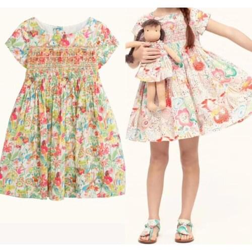 2020 BP Summer Floral Pattern Baby Girls Dress Full Print Party Boutique Smocking Flower Blue Dress for Girls Cherry Clothes