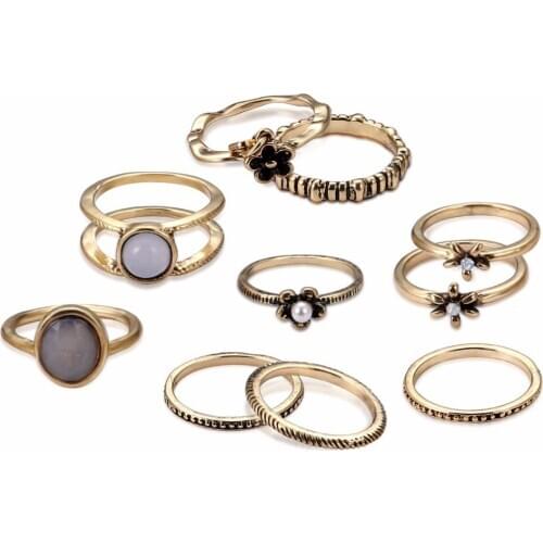 Lureme Vintage Antique Gold Simple Flowers Knuckle Stacking Band Midi Mid Ring Set of 10pcs