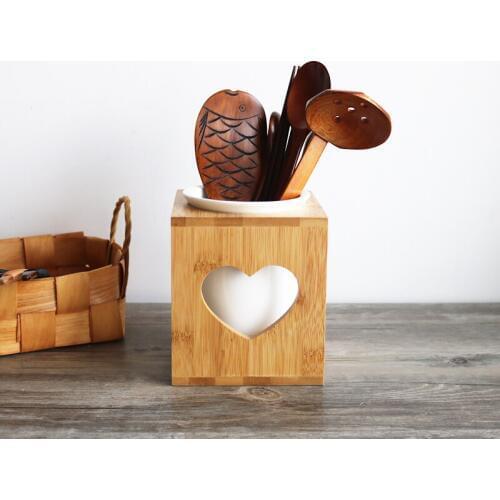 Japan Style Multi-Function Chopsticks Container Draining Kitchen Utensil Storage Box Creative Bamboo Rack Ceramic Canister