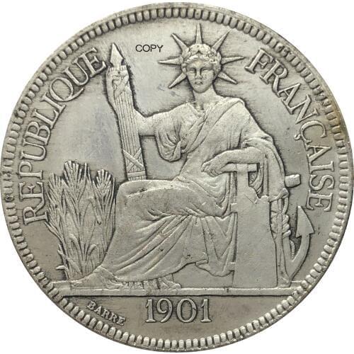 French Indochina 1901 A 1 Piastre Commerce Coin REPUBLIQUE FRANCAISE Cupronickel Silver Plated Copy Coins