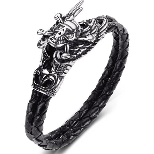 Trendy Braided Leather Bracelet for Men Party Jewelry Punk Stainless Steel Skull with Wings Handmade Bangles Male Wristband P523