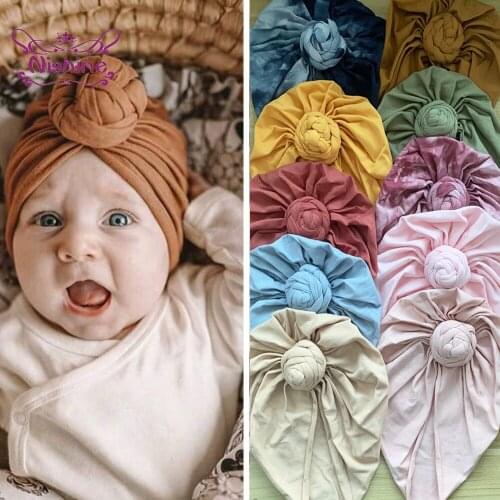 Nishine Soft Skin-friendly Cottont Newborn Cap Solid Color Handmade Donut Baby Girl Turban Hat Infant Headwear Photography Props