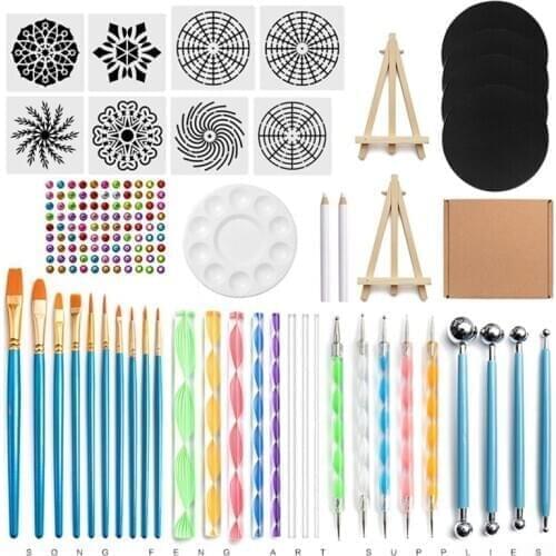 45pcs Mandala Dotting Tools for Painting Rock Stone Stencil Acrylic Stick Brush Pen Gem Sticker Easel Palette Carrying Bag Kit