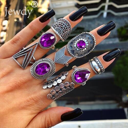 9 PCS/SET Vintage Big Purple Crystal Crown Star Rings Set for Women Statement Midi Knuckle Hollow Rings Party Jewelry Gifts New