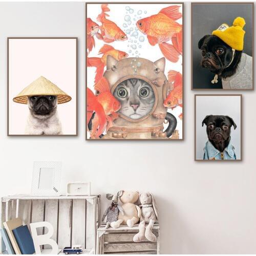 Wall Art Canvas Painting Diving Cat Funny French Bulldog Kids Room Nordic Posters And Prints Wall Pictures For Living Room Decor