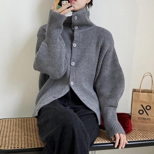 Obrix Female Warm Casual Style Knitted Cardigan Button Up Collar Full Sleeve Cuffs Single Breasted Loose Cloth for Women