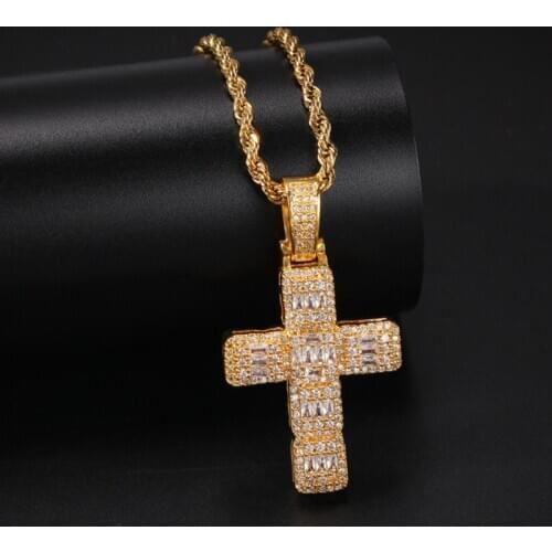 Gold Plated Classic Jesus Cross Necklace Micro Paved Square Zircon Lucky Christian Necklace Rapper Mens Accessories Hip Hop J