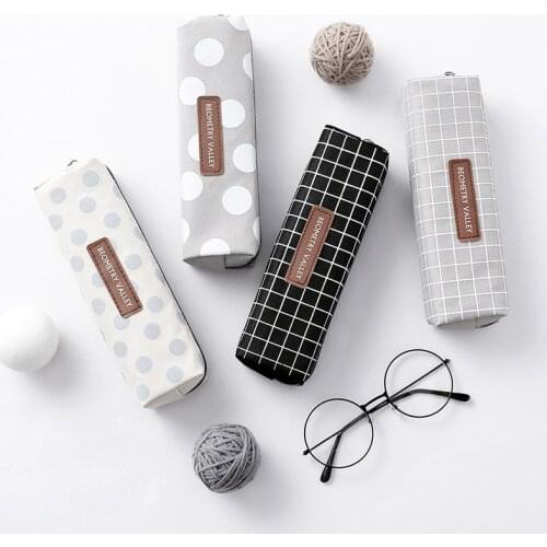 Simple creative lattice square canvas pencil case small fresh student zipper pencil bag large capacity stationery bag