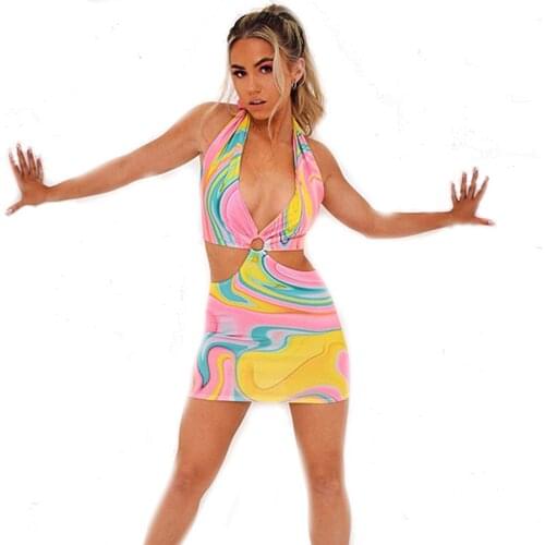 Digital Print Halter Sexy Mini Dresses Club Party Elegant Sexy Backless Cut-Out Sleeveless Bandage Short Dress Beachwear