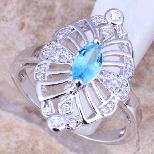 Outstanding Sky Blue Cubic Zirconia White CZ Silver Plated Womens Ring Size 6 / 7 / 8 / 9 R1145