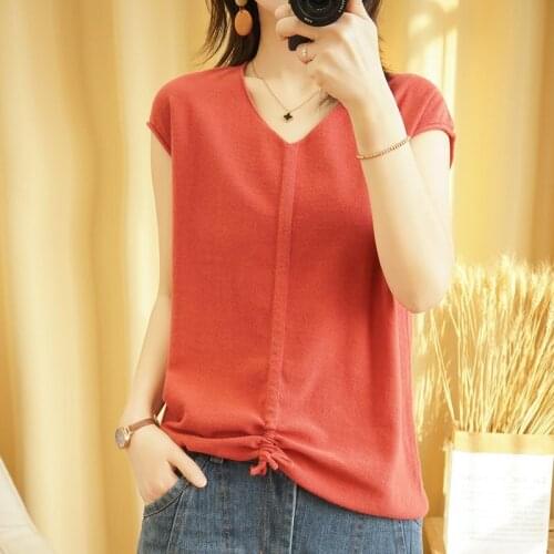 Cotton and linen V-neck knitted short-sleeved womens cotton new loose jacket drawstring Korean half-sleeved bottoming shirt