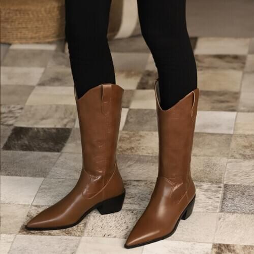 Women Knee High Boots Winter And Autumn Knee High Shoes Big Size Black Genuine Pu Women Zipper Pointed Toe Boots