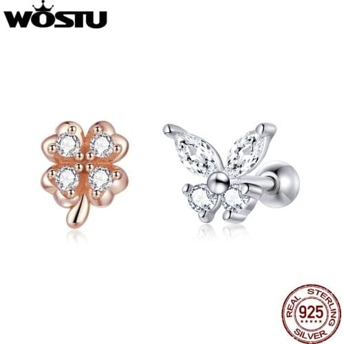 WOSTU 2021 Earrings 925 Sterling Silver Lucky Grass Butterfly Studs Small Stud Earrings for Women Jewelry Gift BKE1008