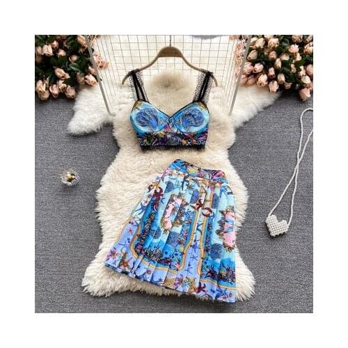 Two Piece Skirts Set Summer Outfit for Women Vintage Print Strapless Crop Top and Pleated Skirt Boho Beach Vacation Suit Luxury